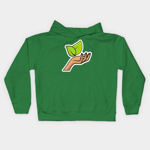 Hand Holding Leaf Sticker vector illustration. Natural products icon concept. Leaf in a hand sign of environmental protection icon. Green leaves and woman hand sticker design logo. Kids Hoodie by AlviStudio